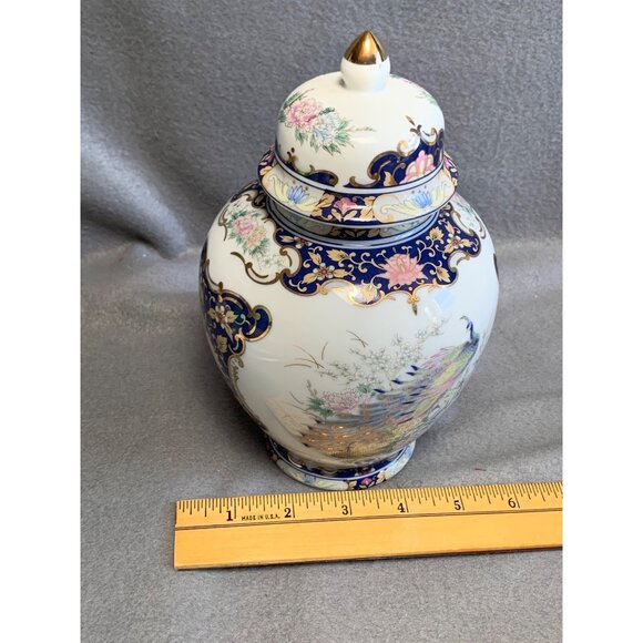 Toyo Peacock Ginger Jar With Lid Cobalt Blue & Gold Floral Design Porcelain 8" - Picture 10 of 10